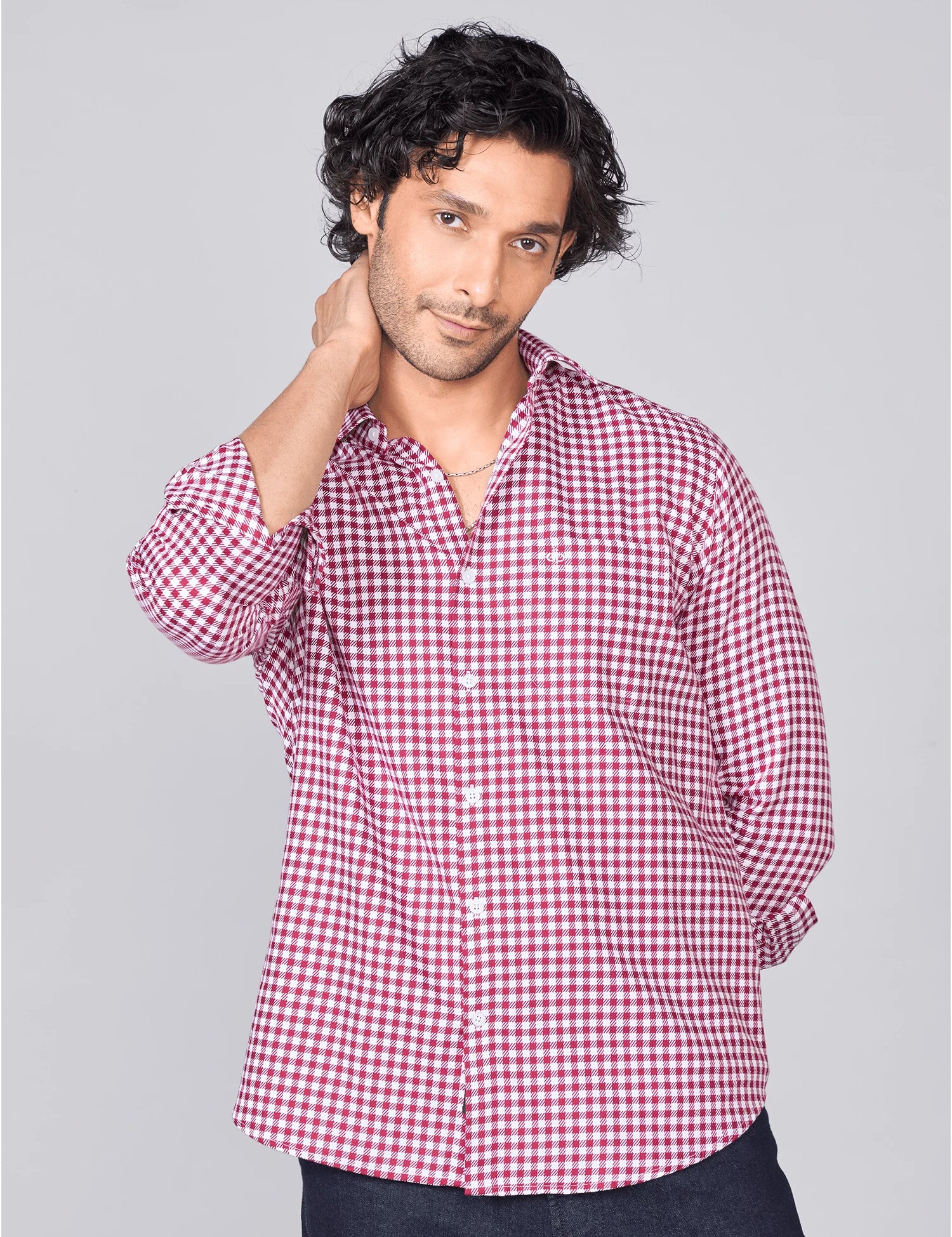Red & White Checked Giza Cotton Twill Shirt