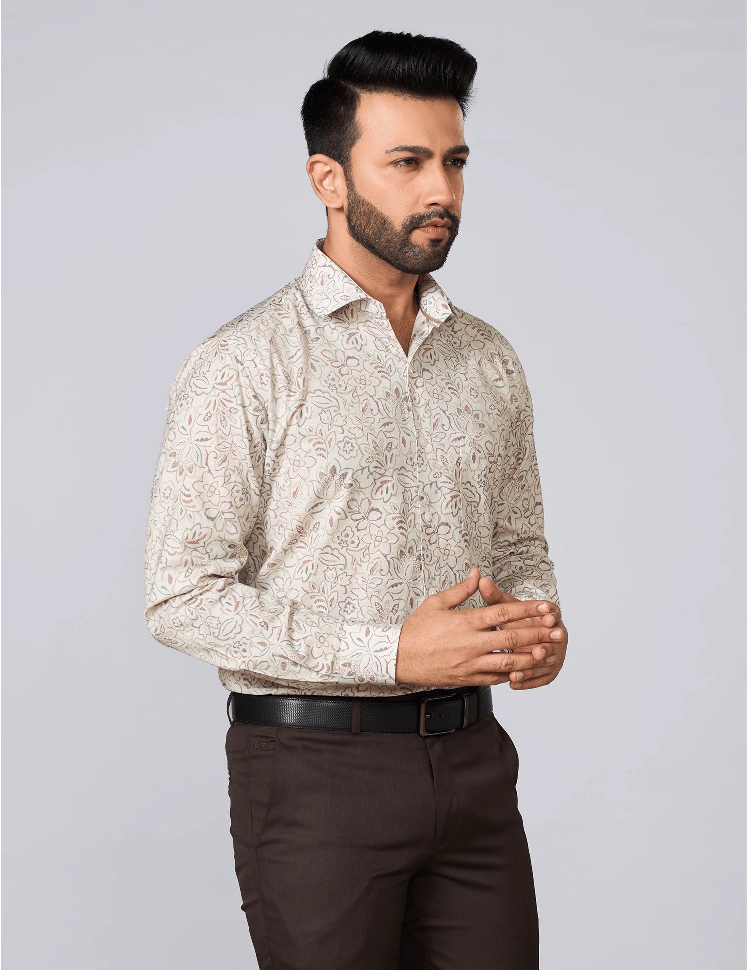 Cream Floral Print Linen Shirt