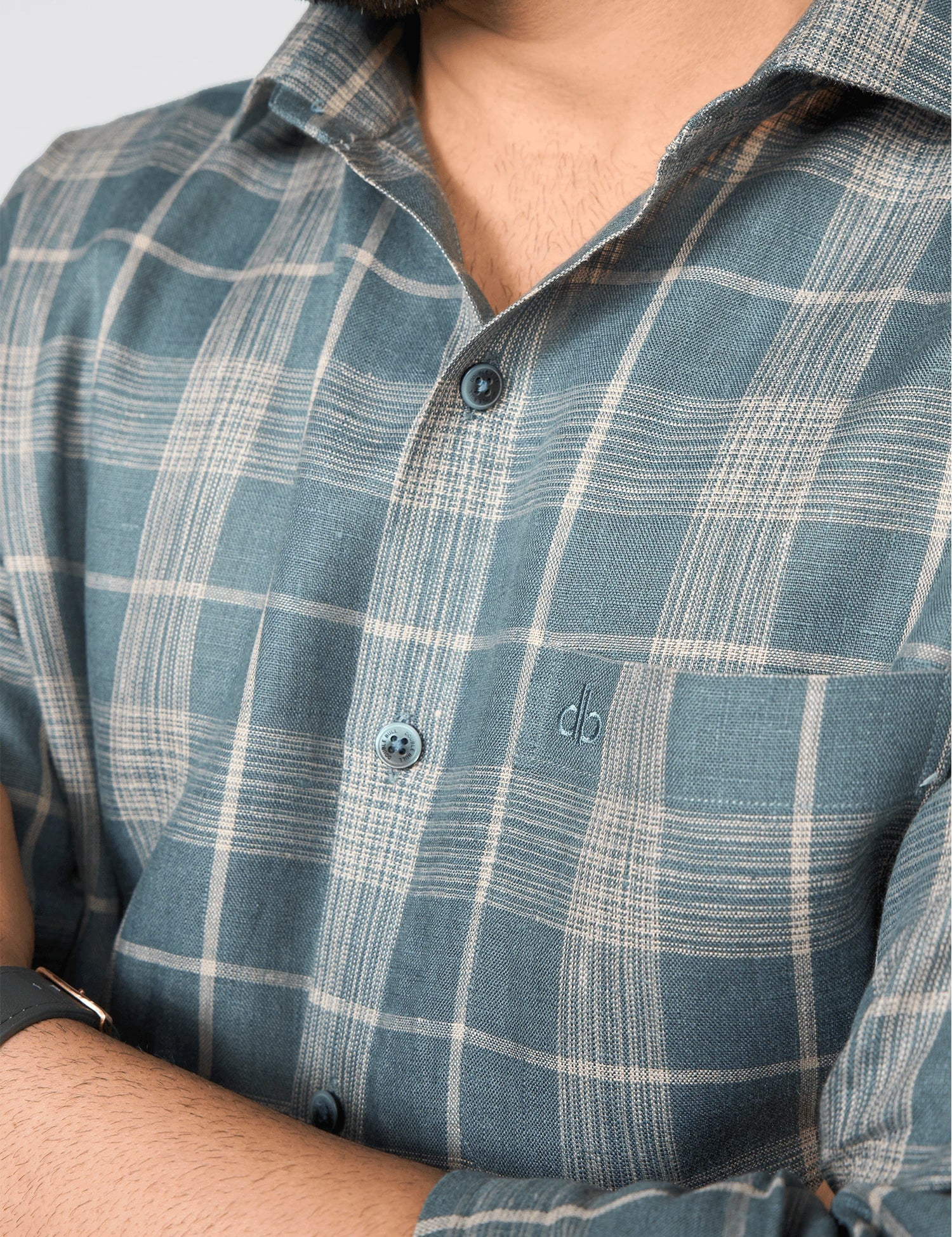 Teal Checked Pure Linen Shirt