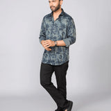 Blue Grey Floral Print Japanese Lycra Shirt