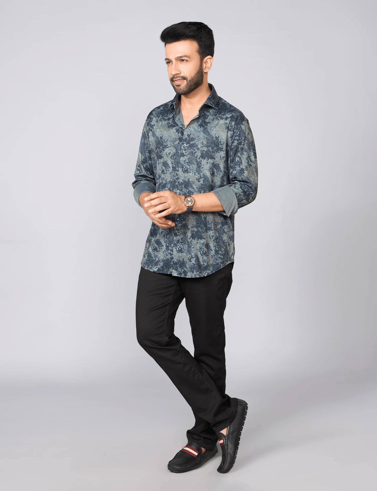 Blue Grey Floral Print Japanese Lycra Shirt