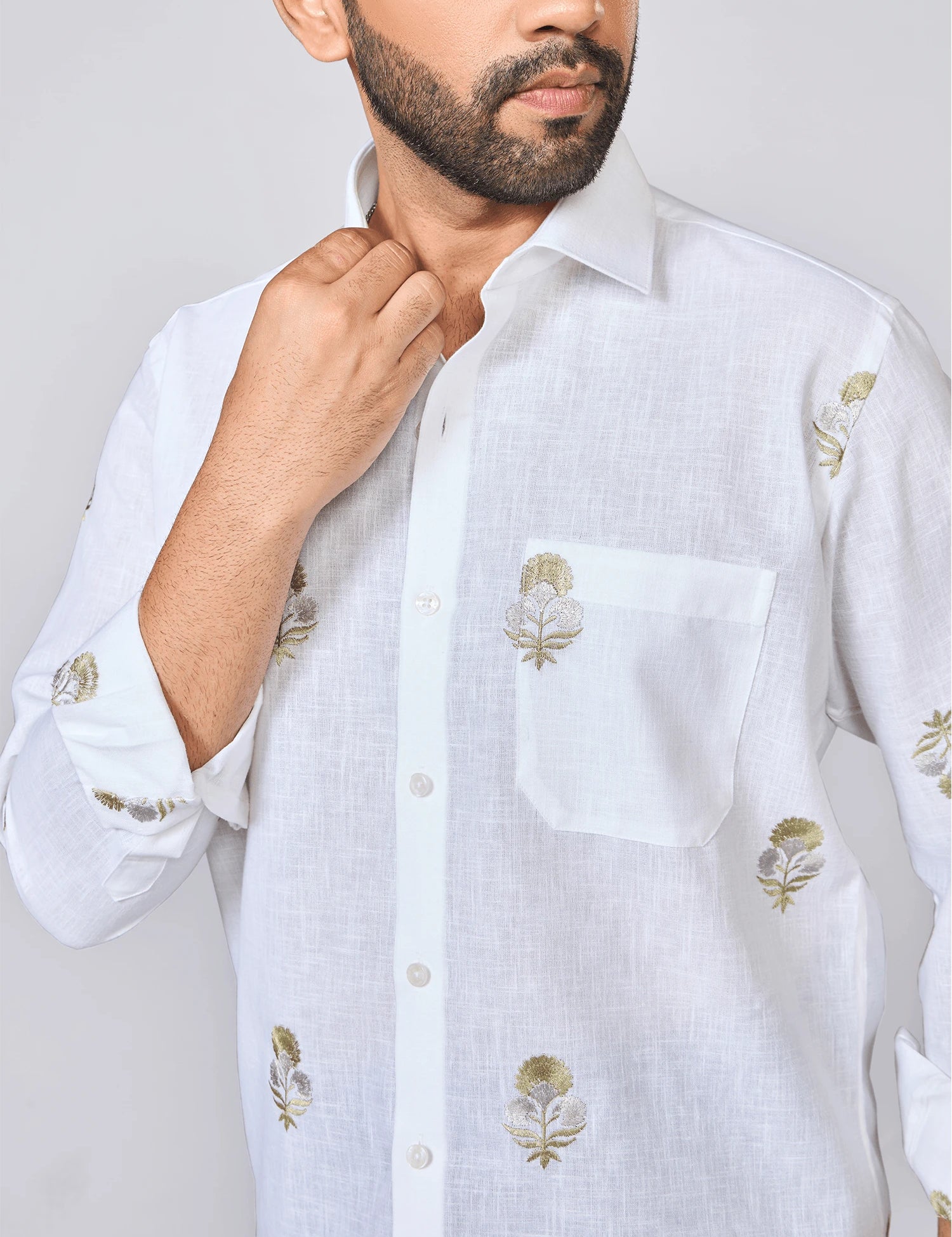 White Embroidered Linen Rich Shirt