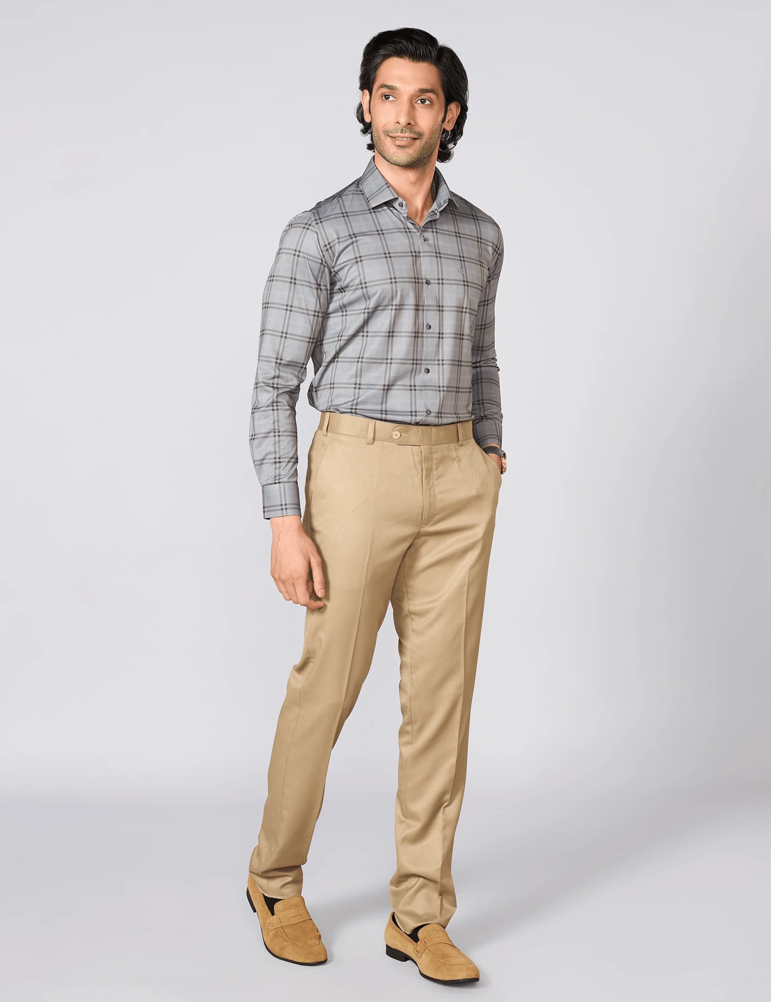 Light Grey Checked Japanese Lycra Shirt