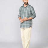 Teal Checked Pure Linen Shirt