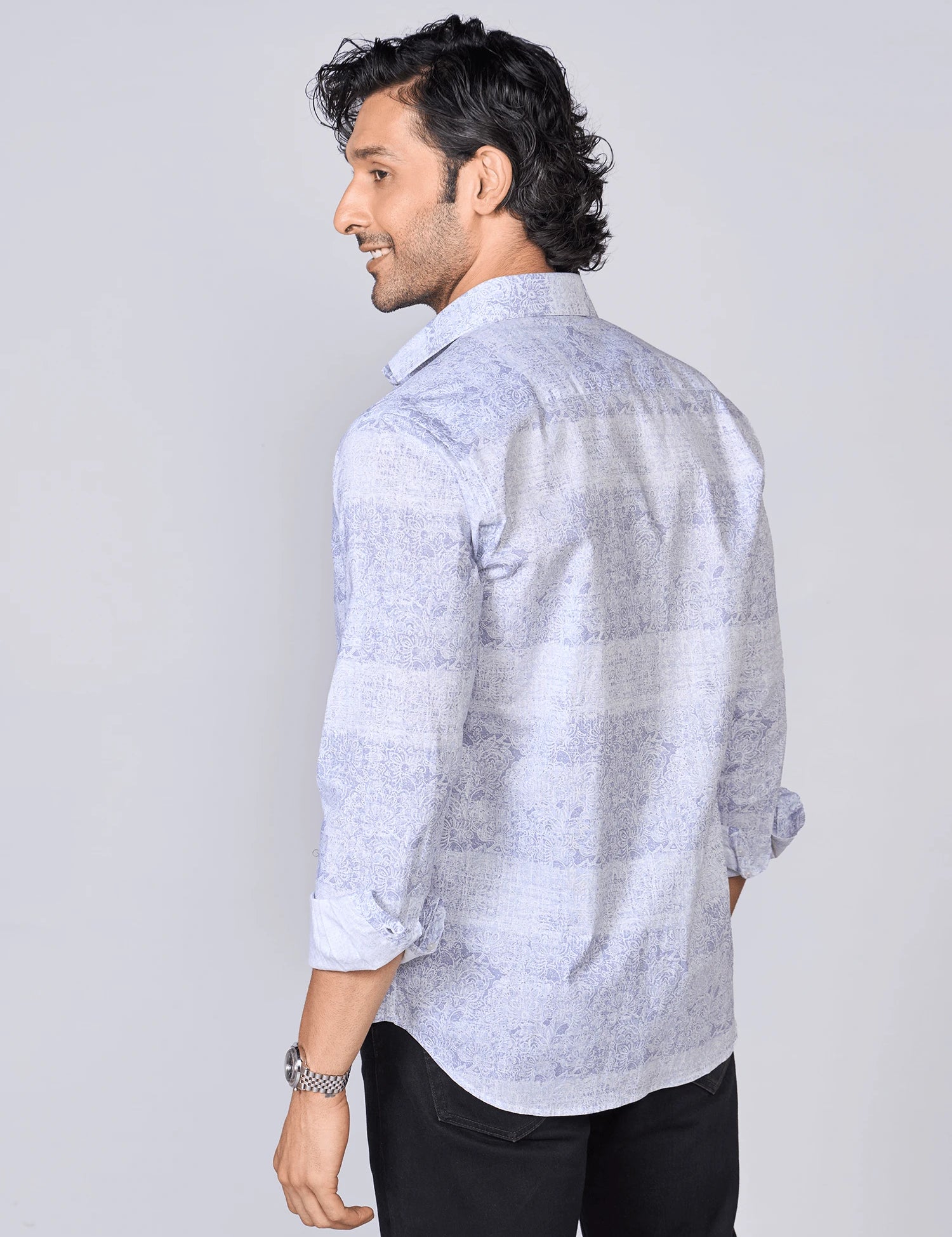 Light Blue Floral Print Cotton Poplin Shirt