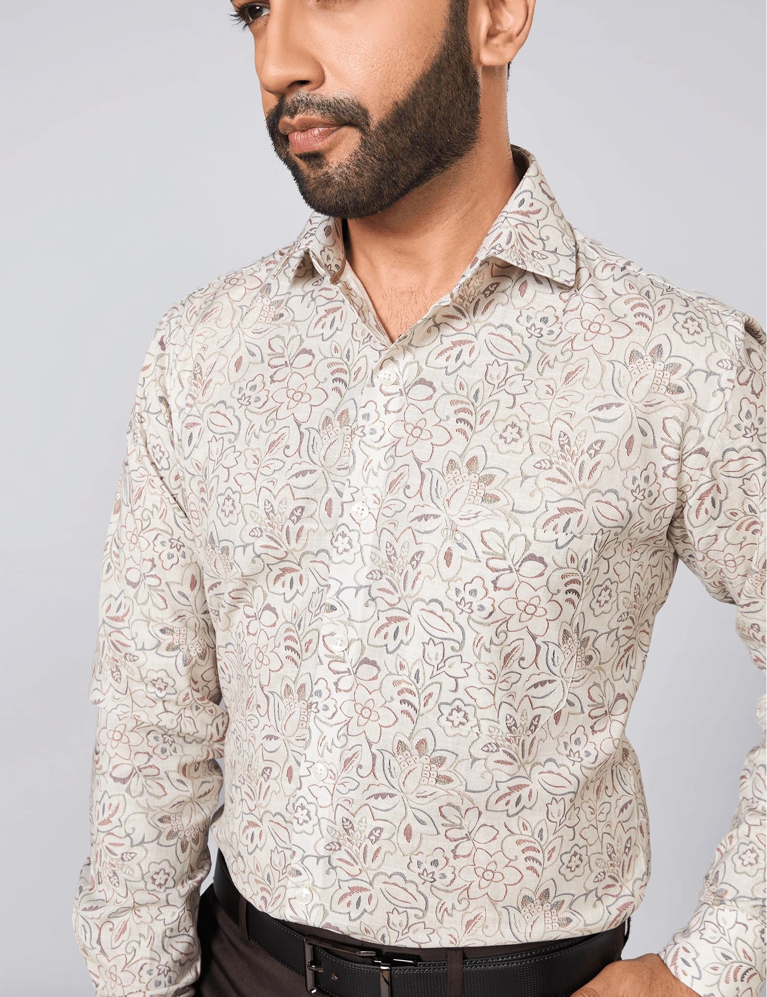 Cream Floral Print Linen Shirt