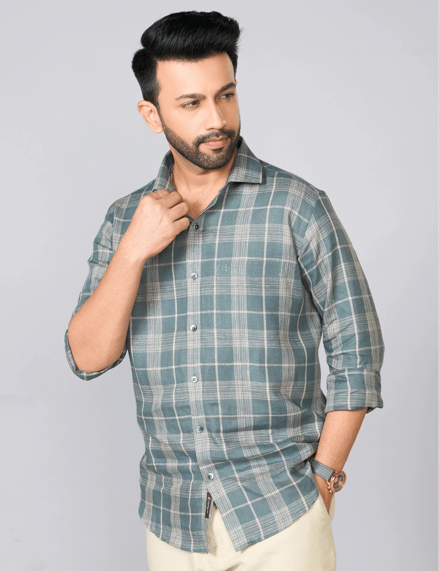 Teal Checked Pure Linen Shirt