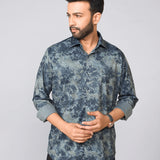 Blue Grey Floral Print Japanese Lycra Shirt