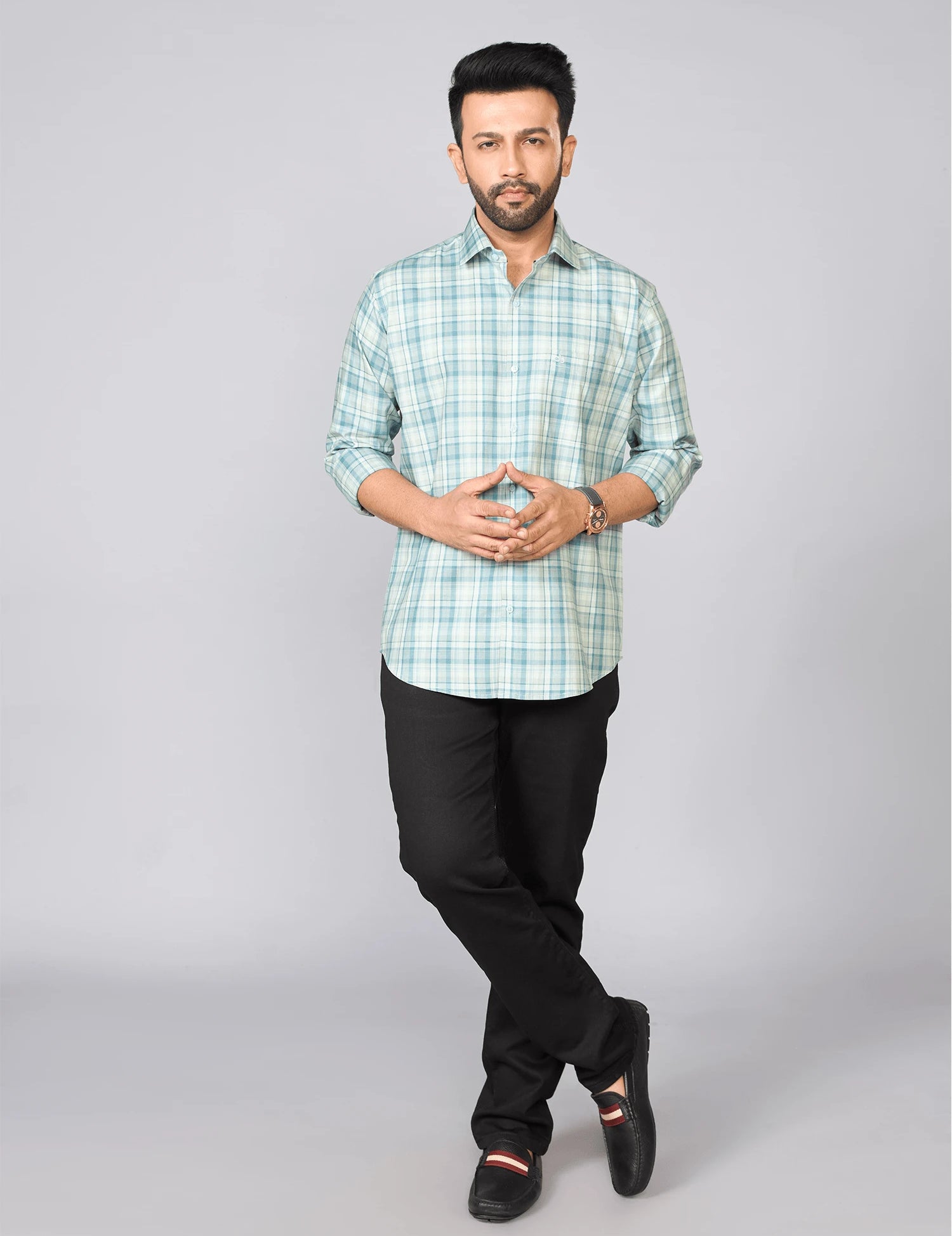 Teal Checked Cotton Twill Shirt