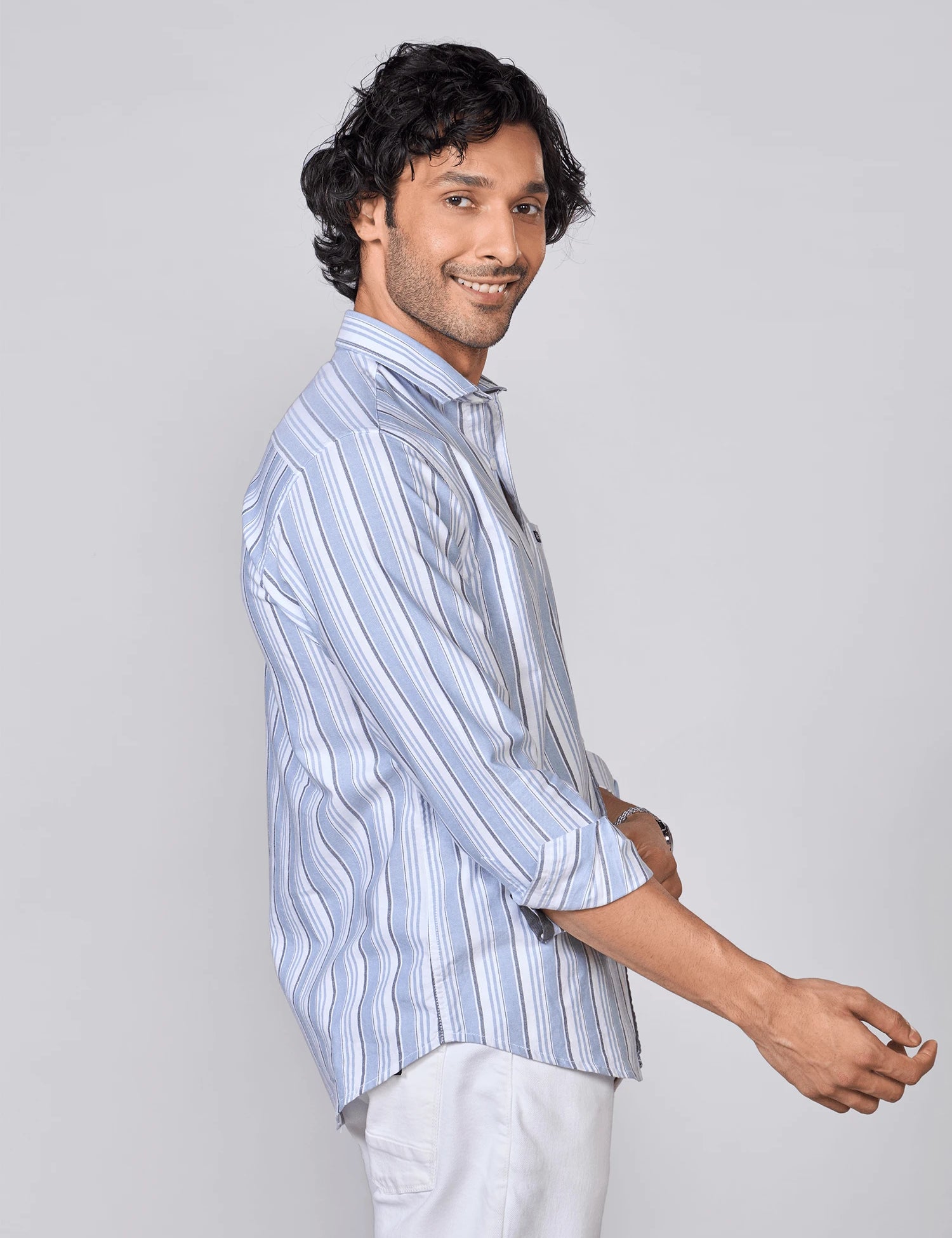 White & Blue Fine Striped Cotton Shirt