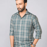 Teal Checked Pure Linen Shirt