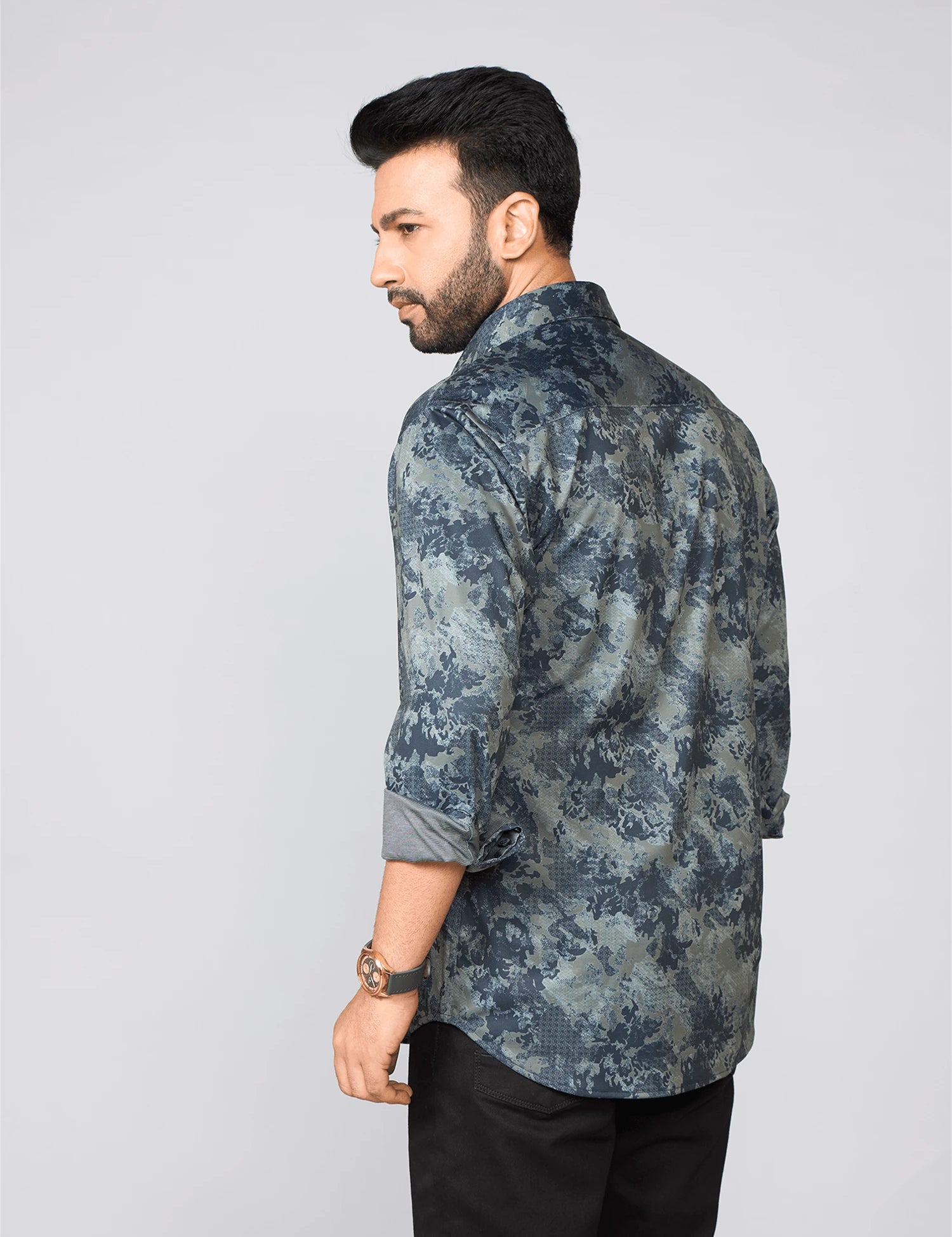 Blue Grey Floral Print Japanese Lycra Shirt