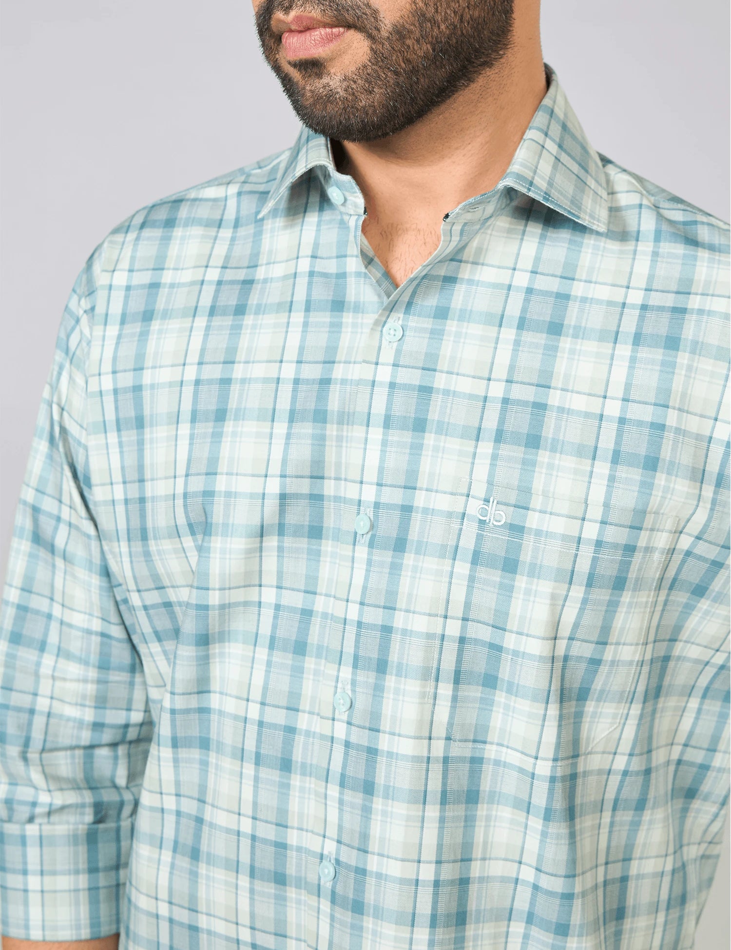 Teal Checked Cotton Twill Shirt