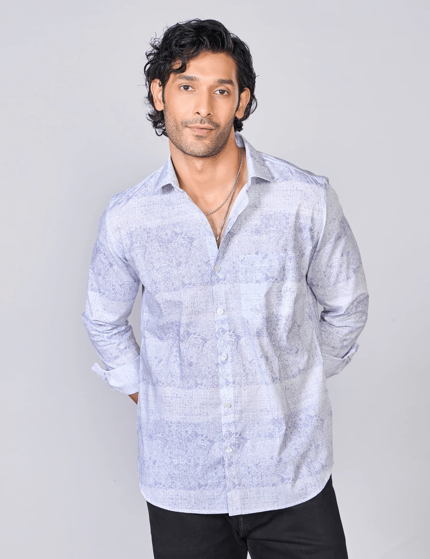 Light Blue Floral Print Cotton Poplin Shirt