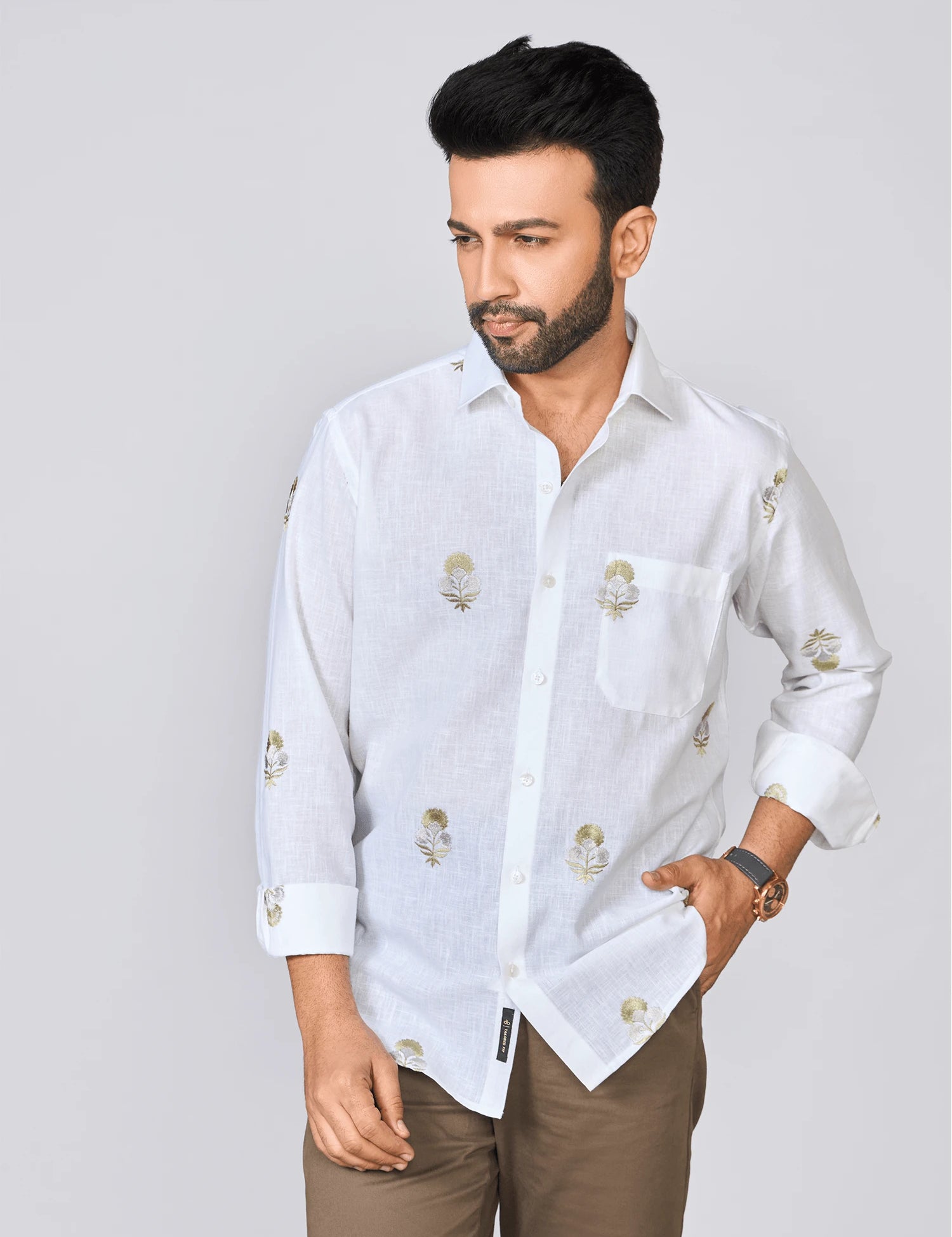 White Embroidered Linen Rich Shirt