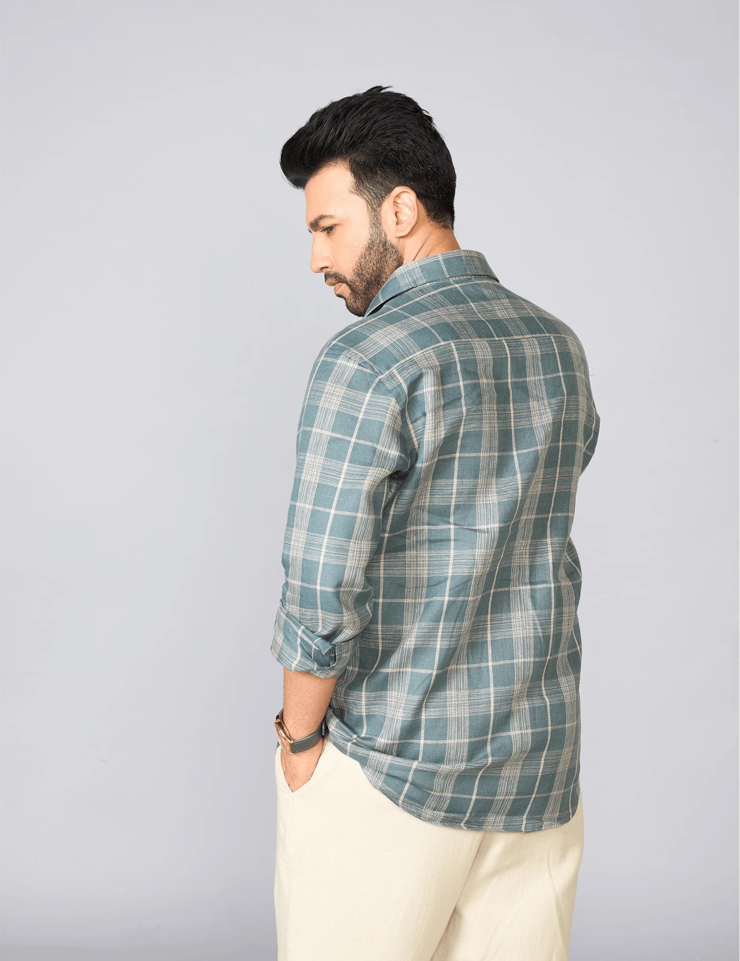 Teal Checked Pure Linen Shirt