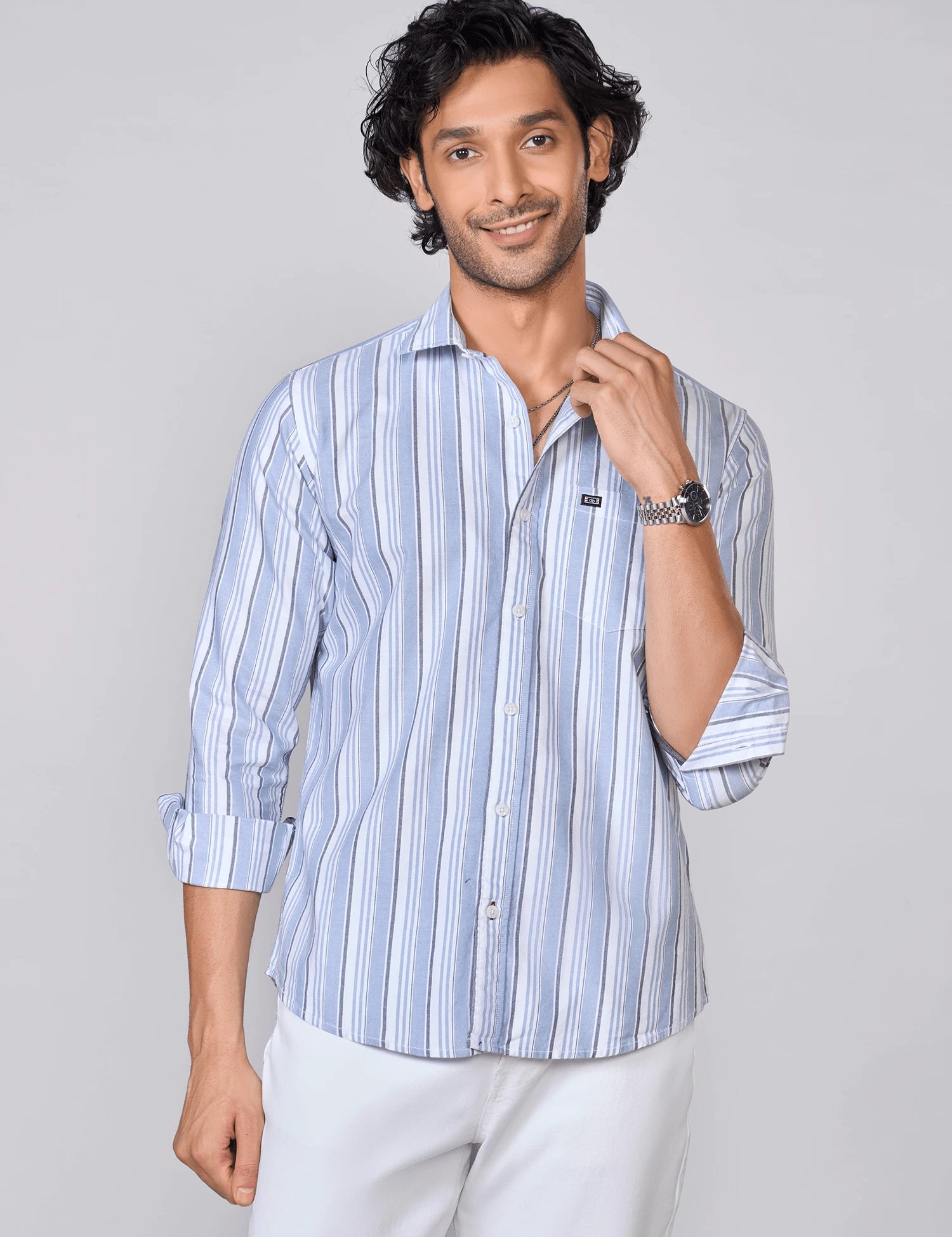 White & Blue Fine Striped Cotton Shirt