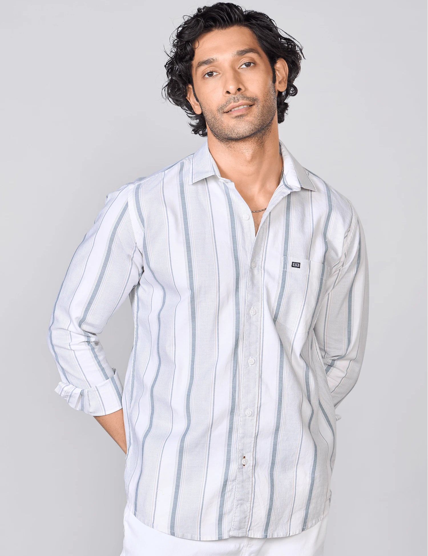 White & Blue Vertical Striped Oxford Shirt
