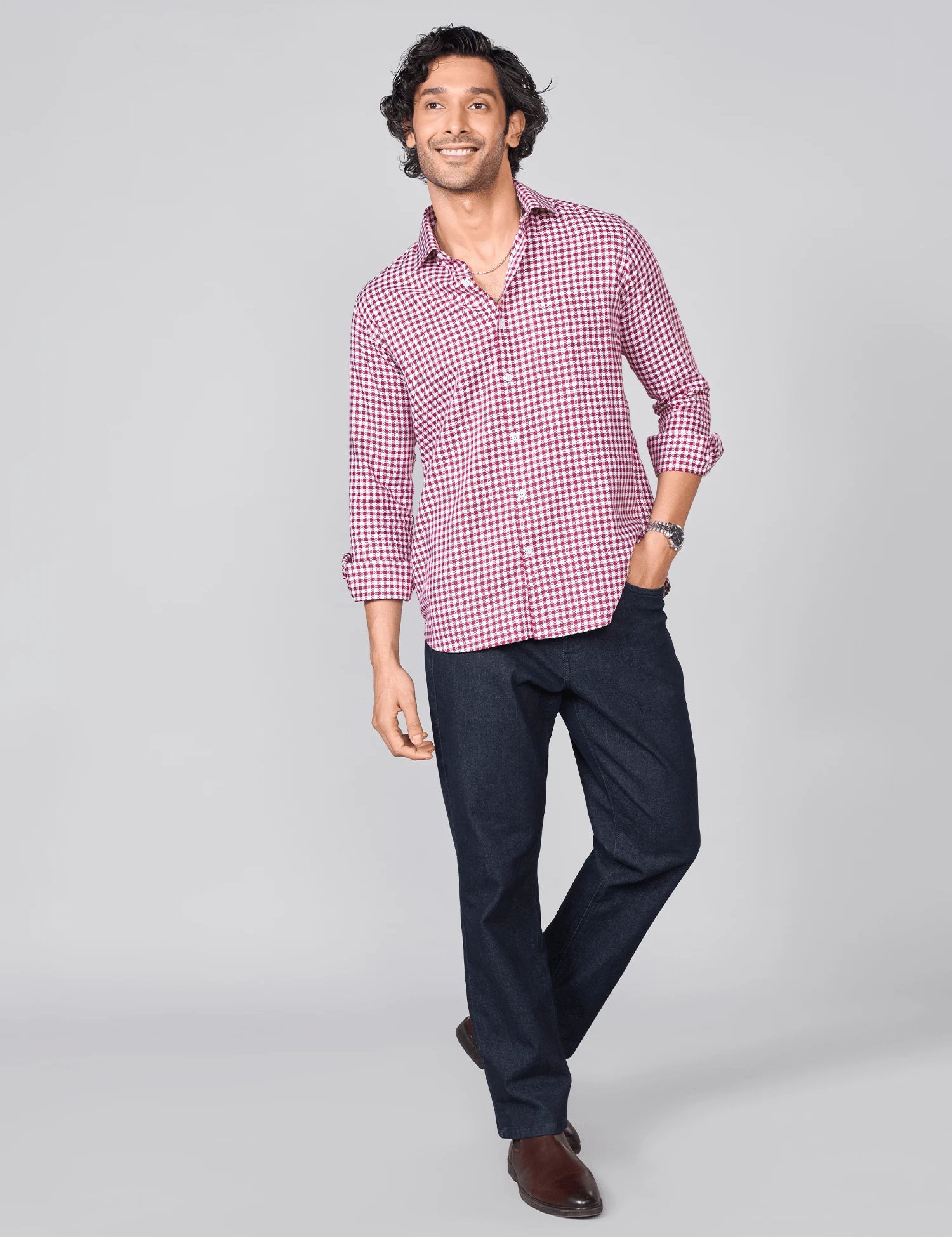 Red & White Checked Giza Cotton Twill Shirt