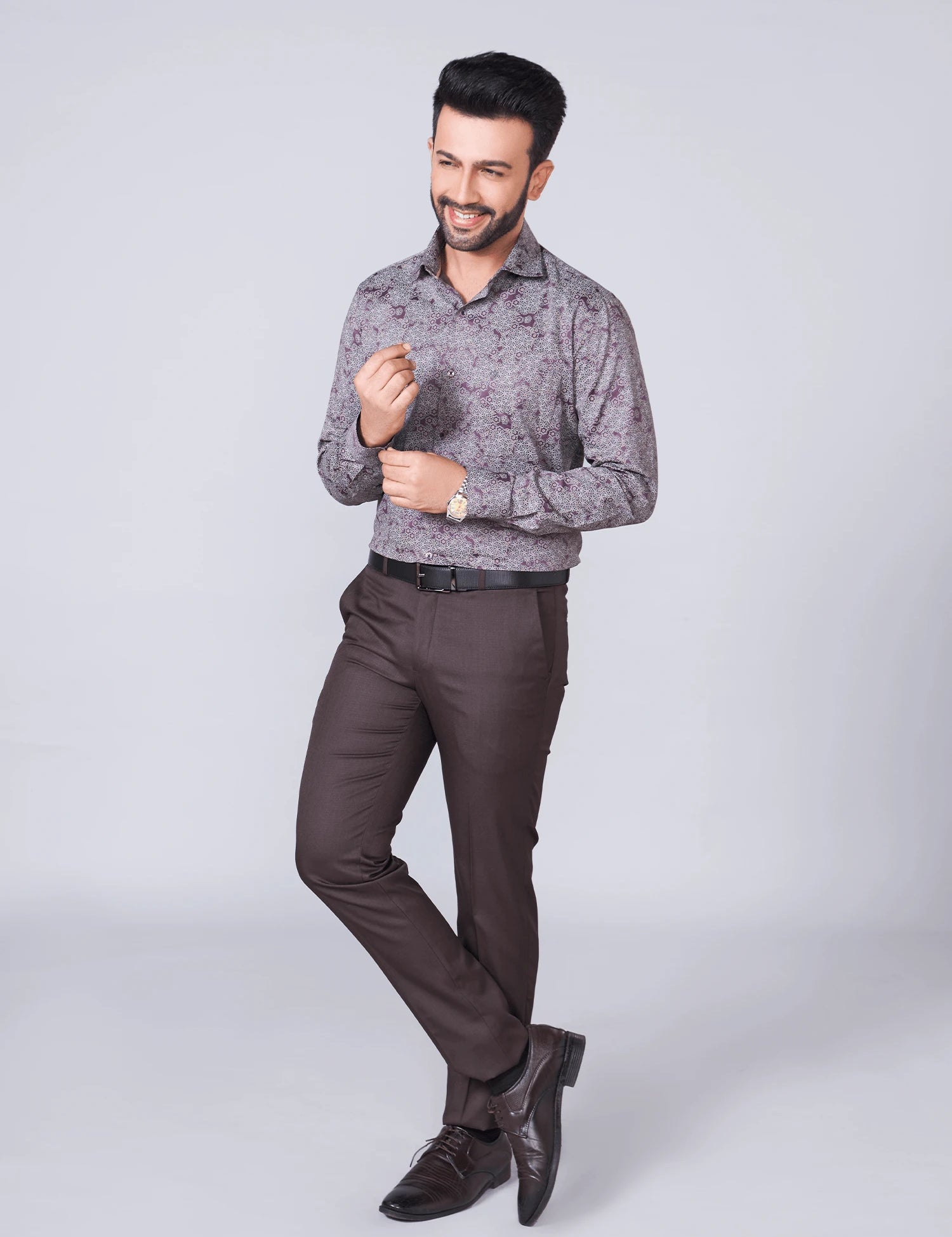Mauve Floral Print Cotton Twill Shirt
