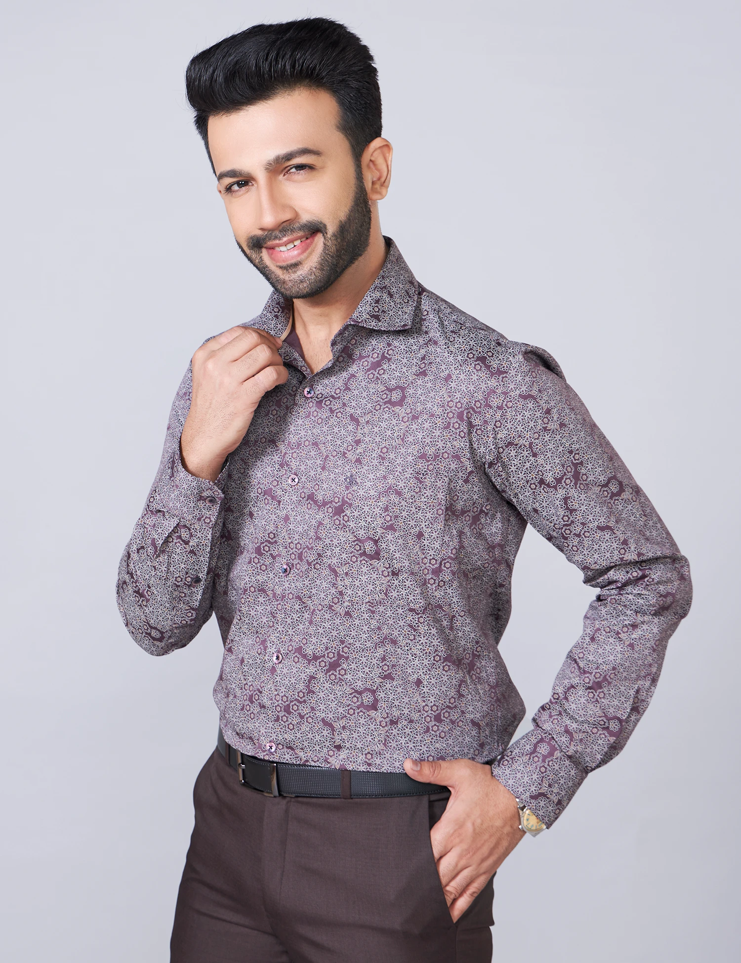 Mauve Floral Print Cotton Twill Shirt