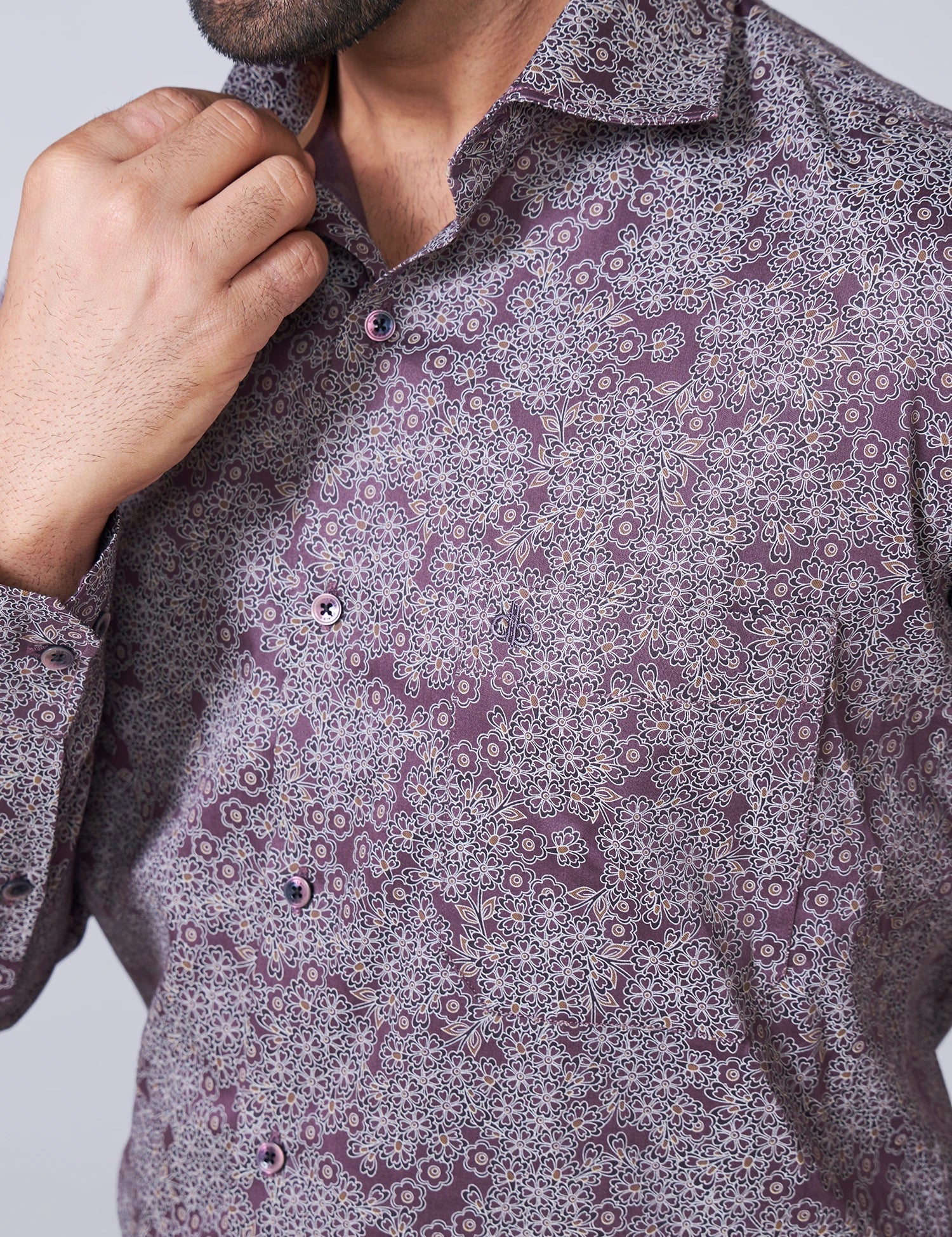 Mauve Floral Print Cotton Twill Shirt
