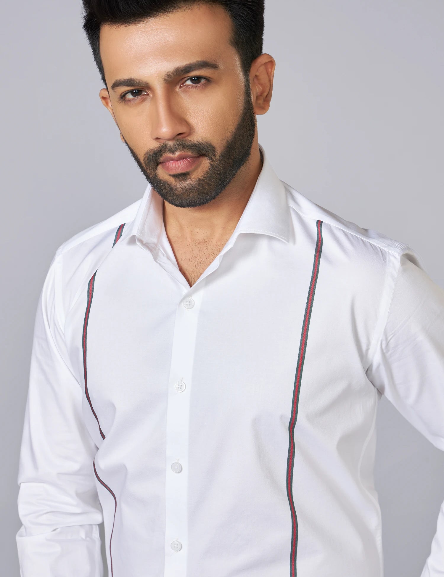 White Linear Detail Giza Cotton Shirt