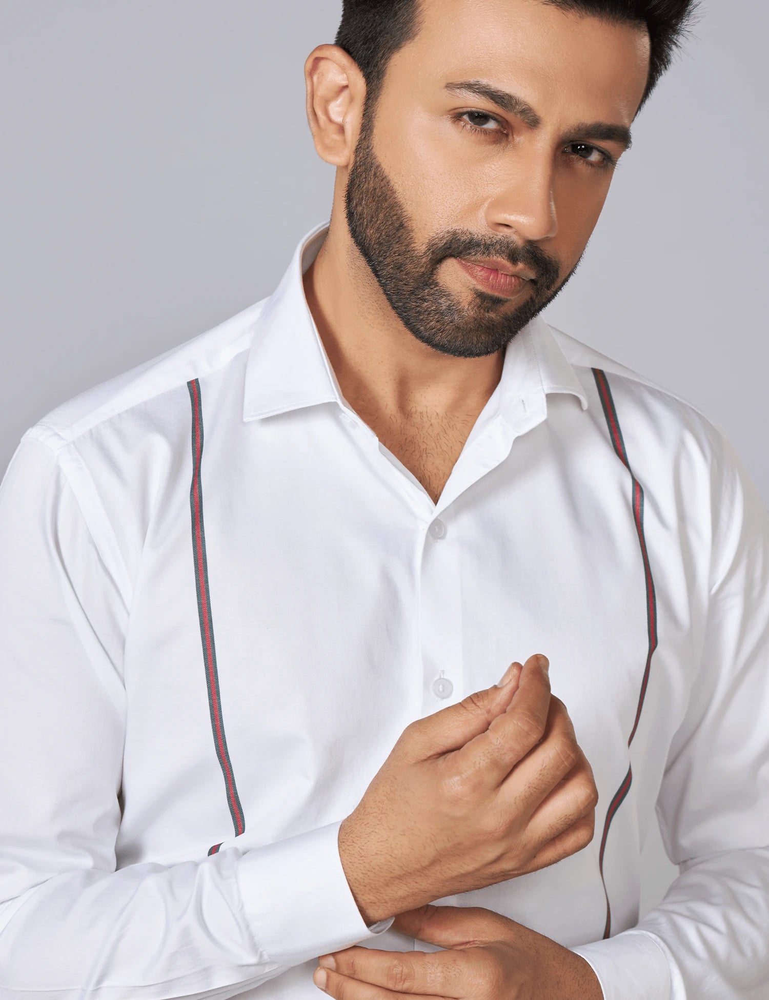 White Linear Detail Giza Cotton Shirt