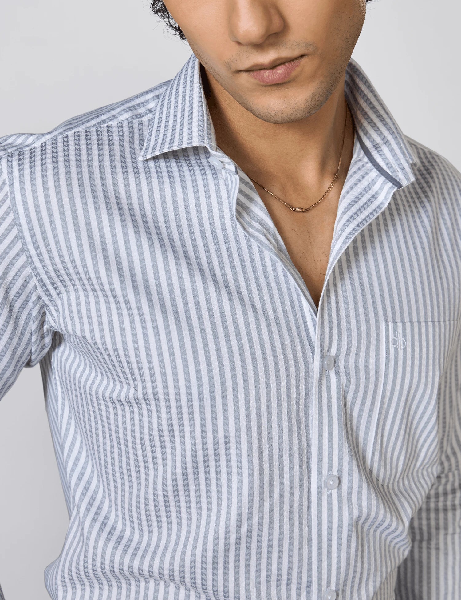 White & Blue Vertical Striped Jacquard Shirt