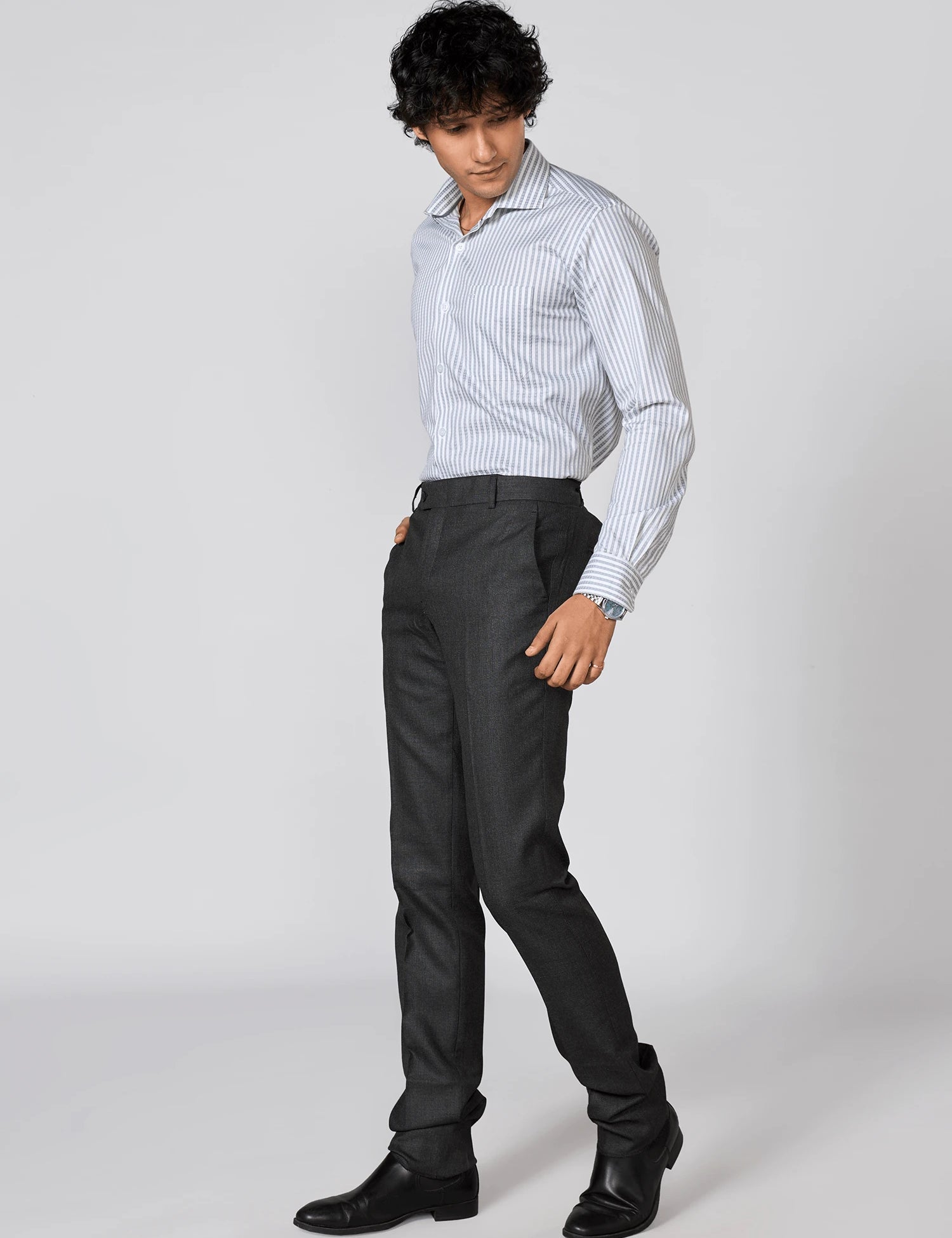 White & Blue Vertical Striped Jacquard Shirt
