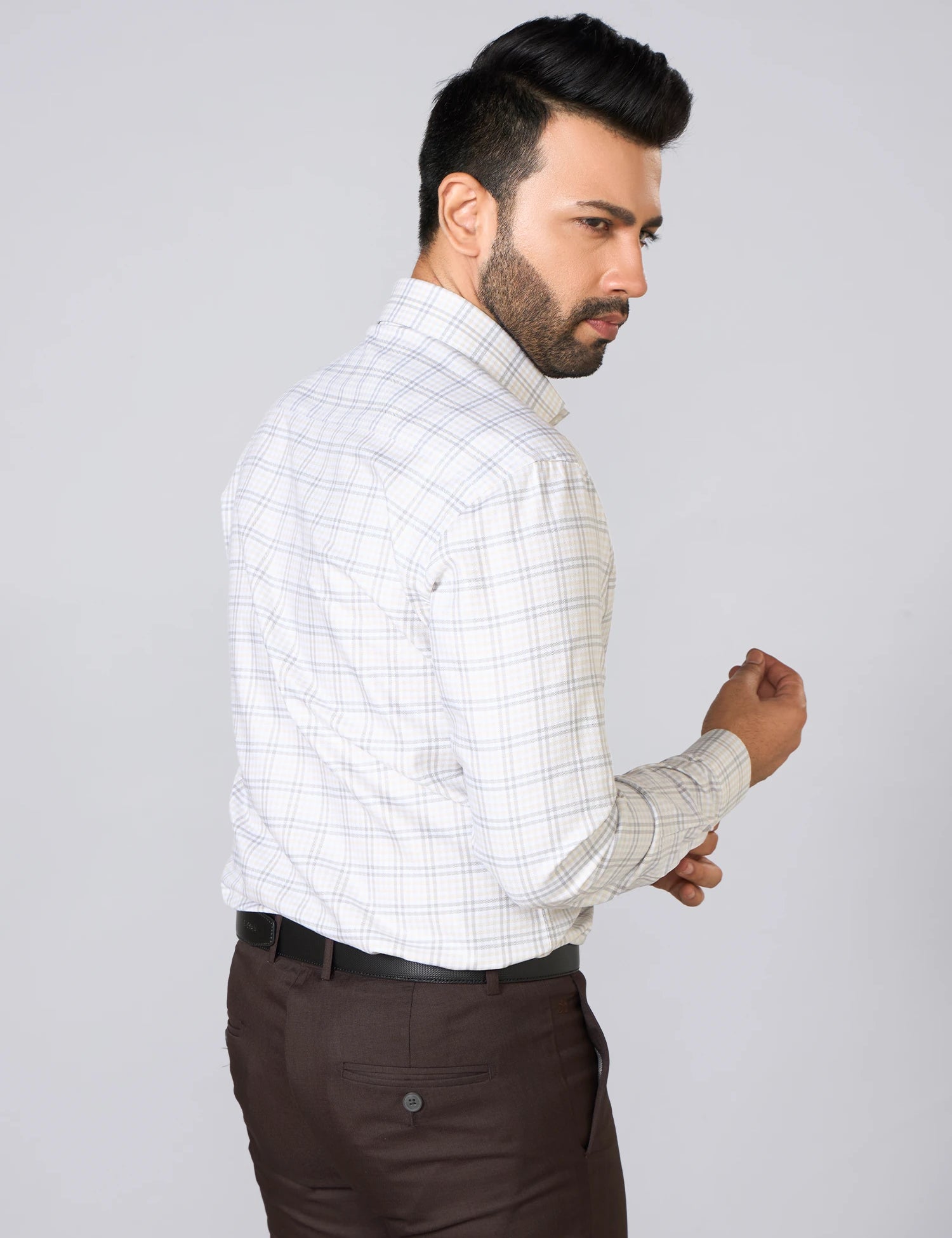 Cream & Grey Windowpane Check Giza Cotton Shirt