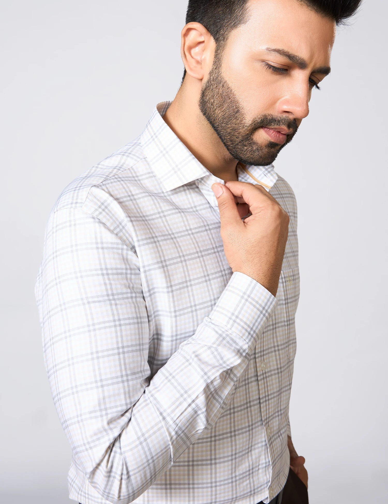 Cream & Grey Windowpane Check Giza Cotton Shirt