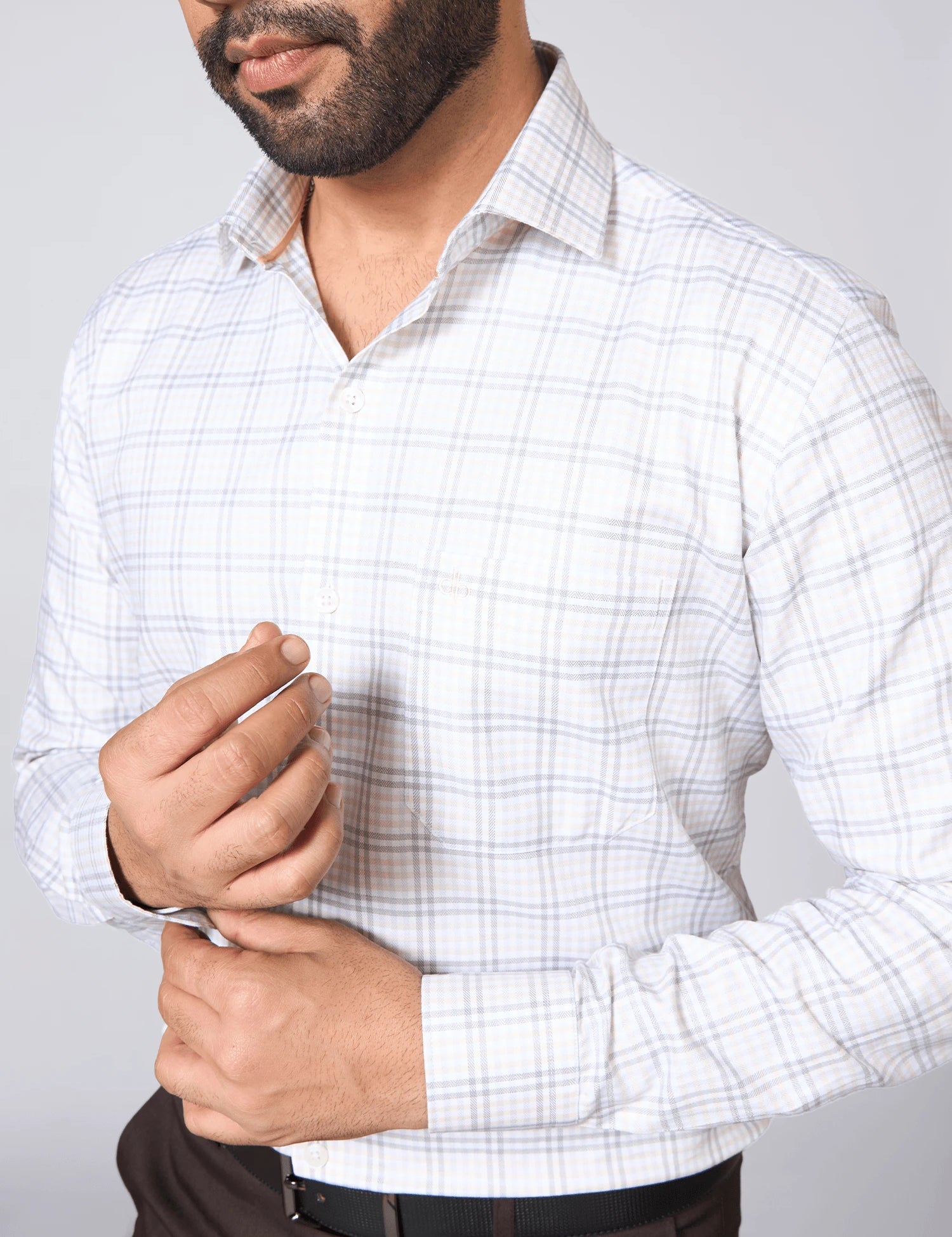 Cream & Grey Windowpane Check Giza Cotton Shirt