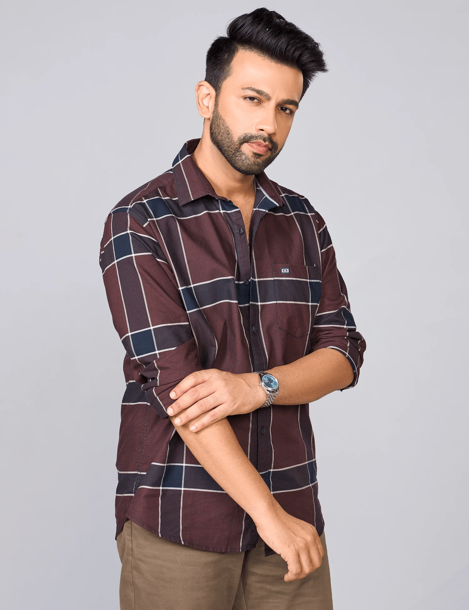 Dark Brown Checked Cotton Oxford Shirt