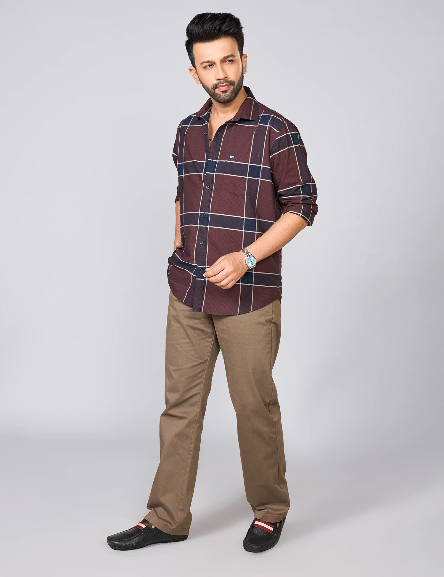 Dark Brown Checked Cotton Oxford Shirt