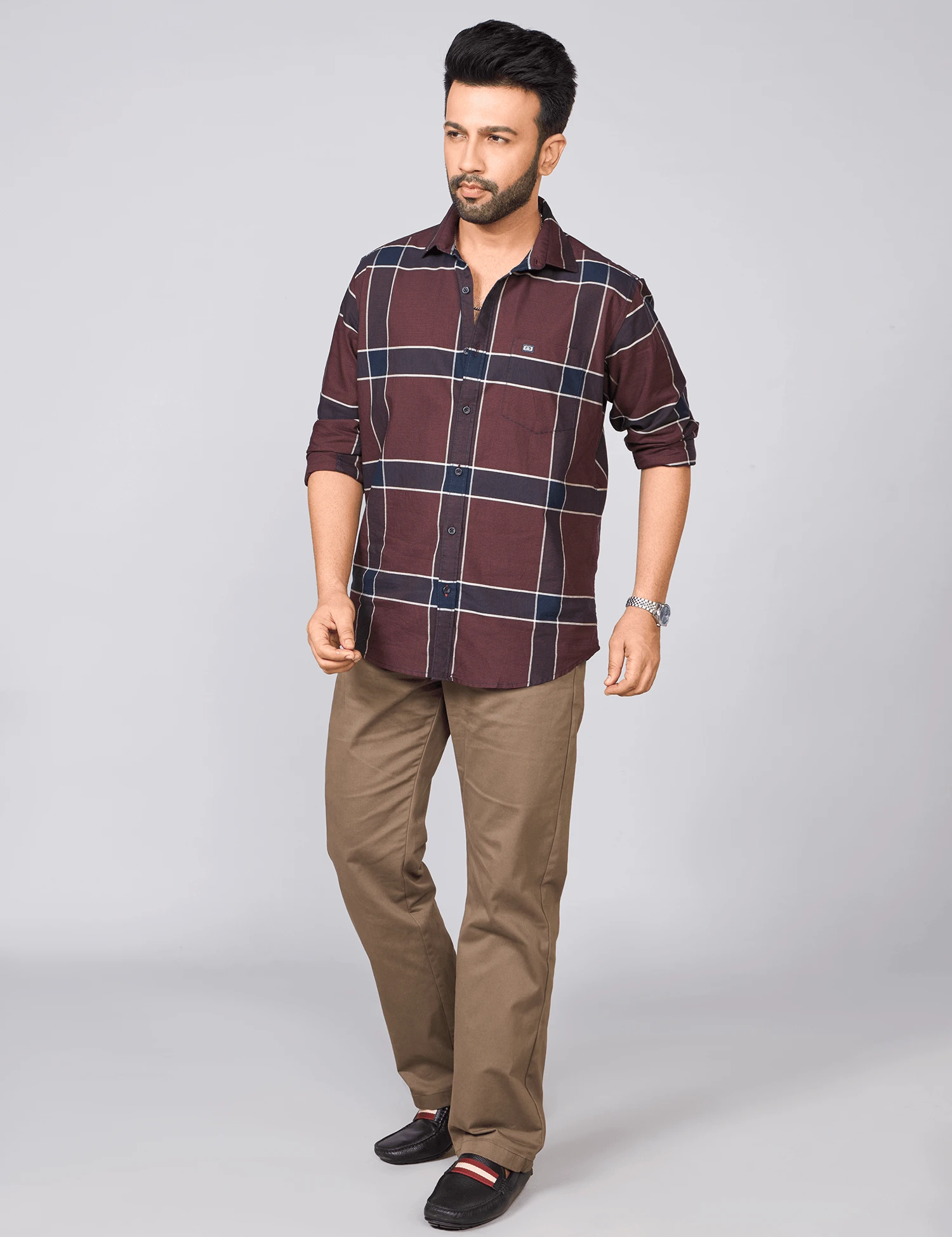 Dark Brown Checked Cotton Oxford Shirt