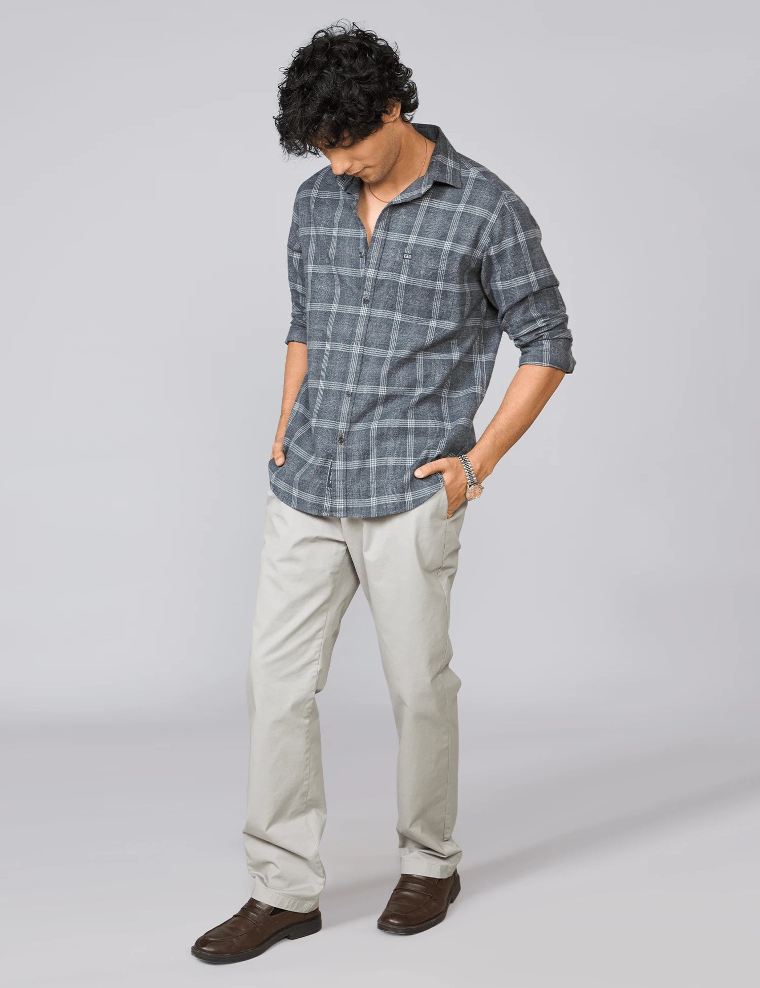 Grey Checked Cotton Casual Shirt