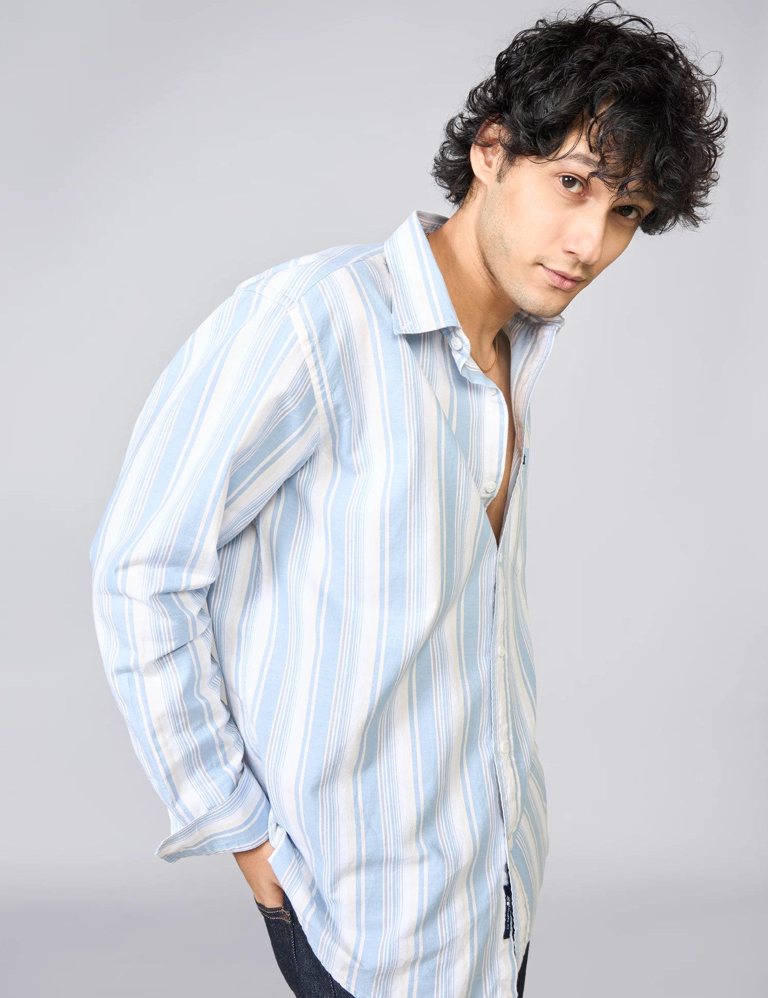 Light Blue Vertical Striped Oxford Cotton Shirt