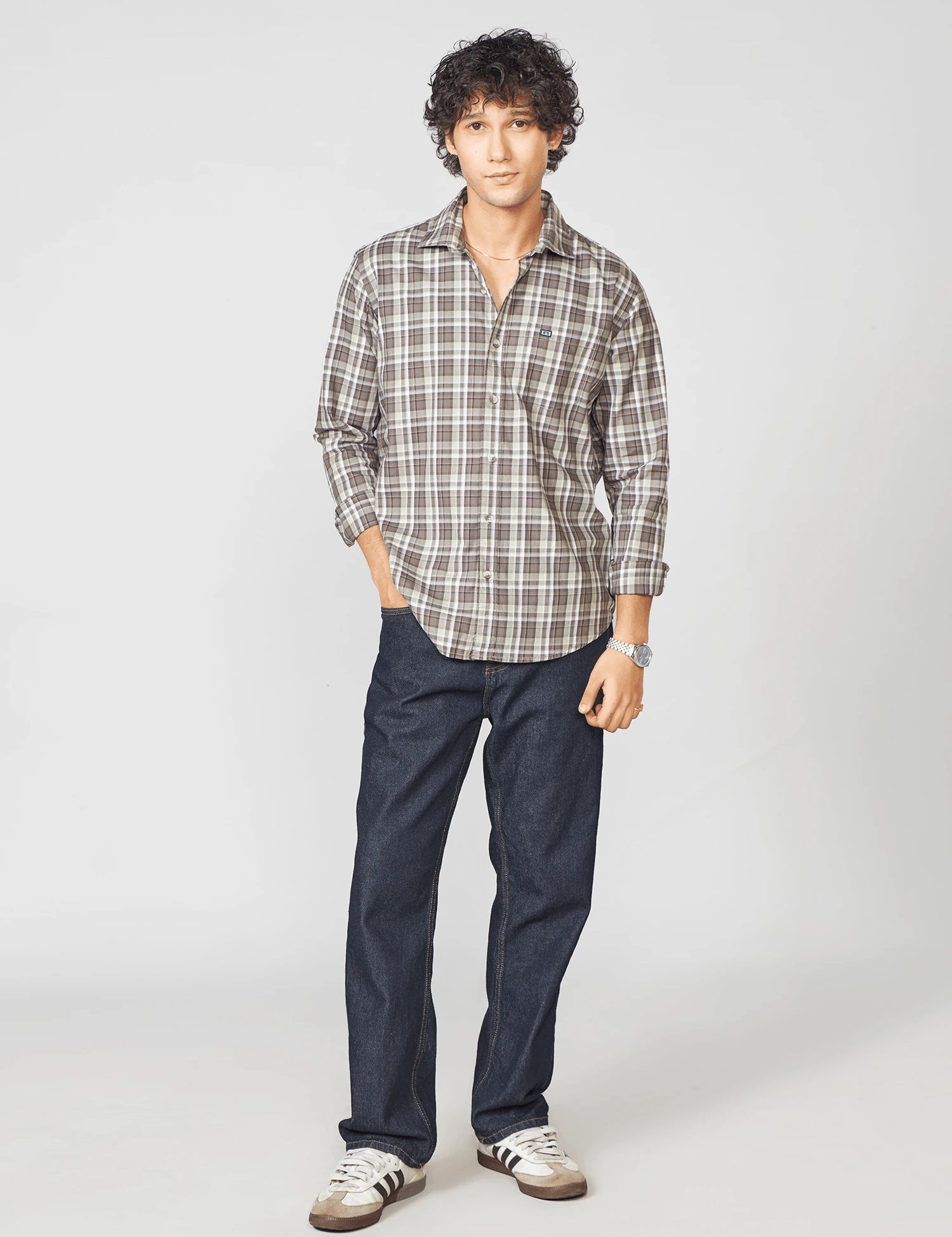 Taupe Checked Cotton Twill Shirt