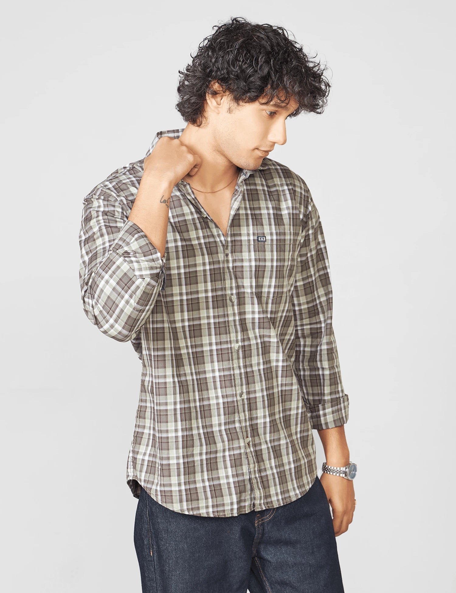 Taupe Checked Cotton Twill Shirt