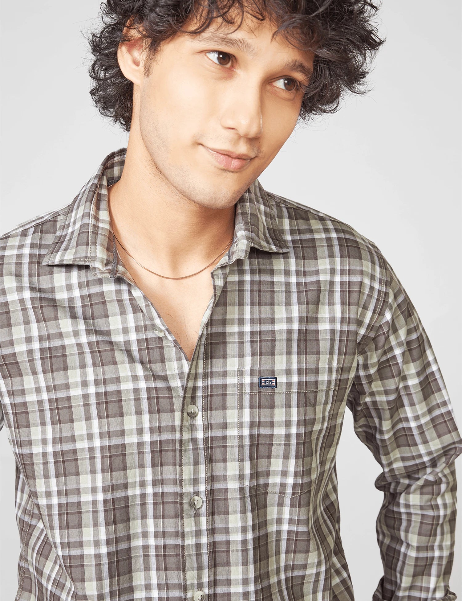 Taupe Checked Cotton Twill Shirt